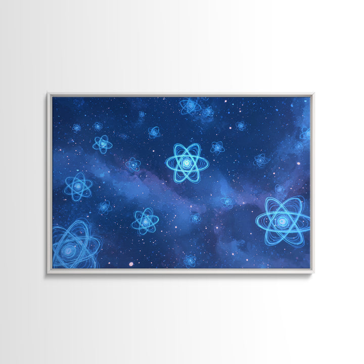 Blue Neon Atoms In Starry Nebula Canvas Print, Science Wall Art, Cosmic Retro Art, Modern Digital Art, Space Poster Decor