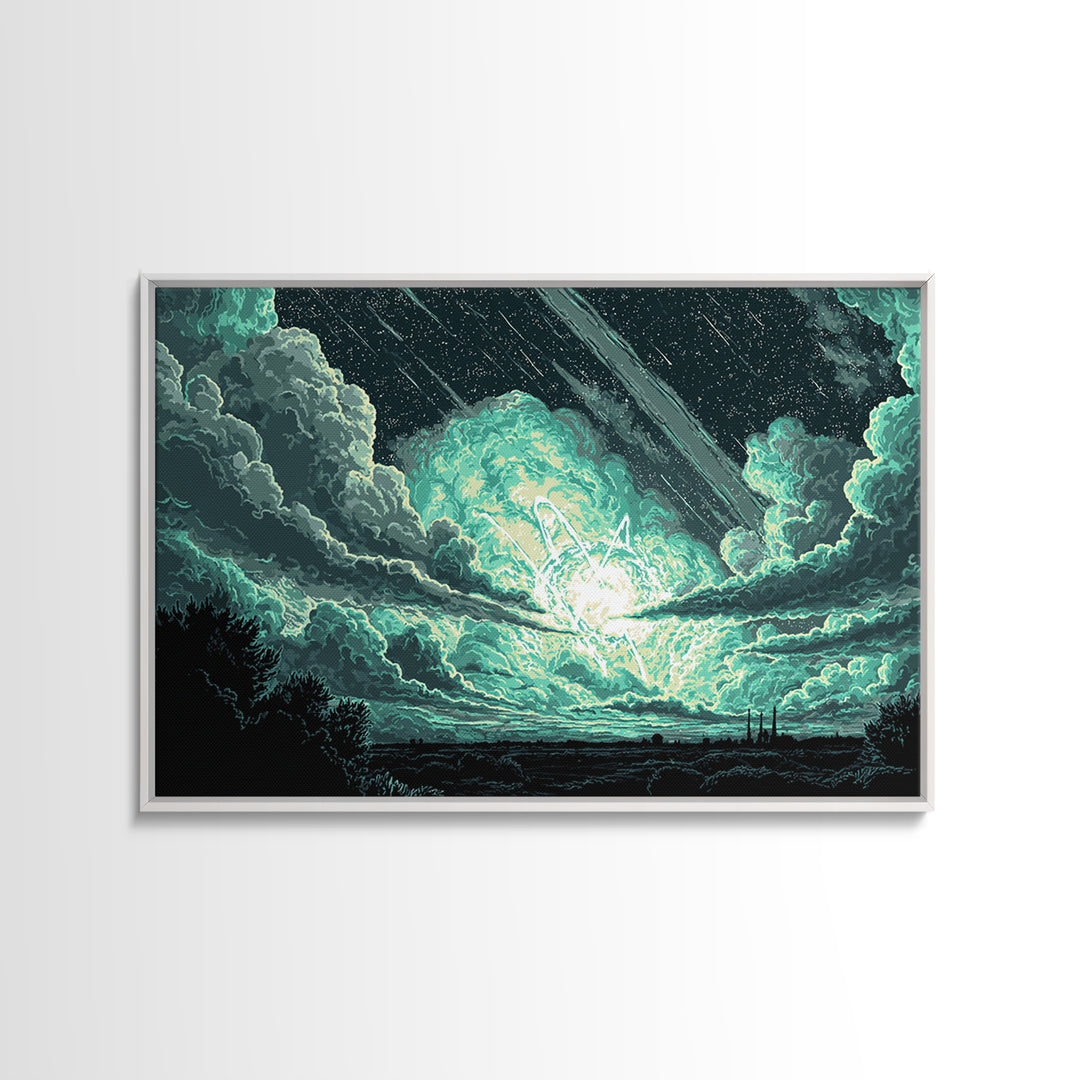 Glowing Meteor Burst In Emerald Clouds Wall Art, Pixel Sci Fi Landscape, Retro Art Poster, Space Abstract Art, Modern Wall Decor