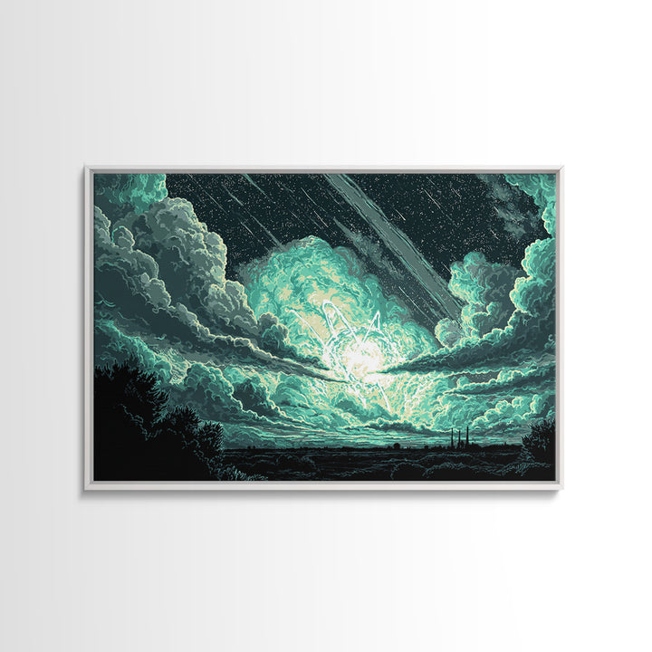 Glowing Meteor Burst In Emerald Clouds Wall Art, Pixel Sci Fi Landscape, Retro Art Poster, Space Abstract Art, Modern Wall Decor