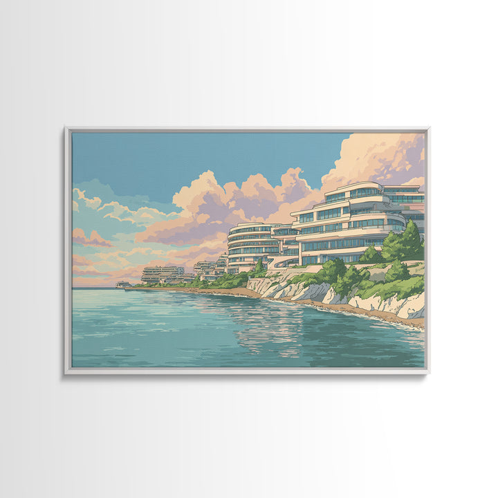 Pastel Coastal Modernist Apartments Canvas Print, Seaside Wall Art, Contemporary Print, Neutral Blue Home Decor, Ocean View Poster