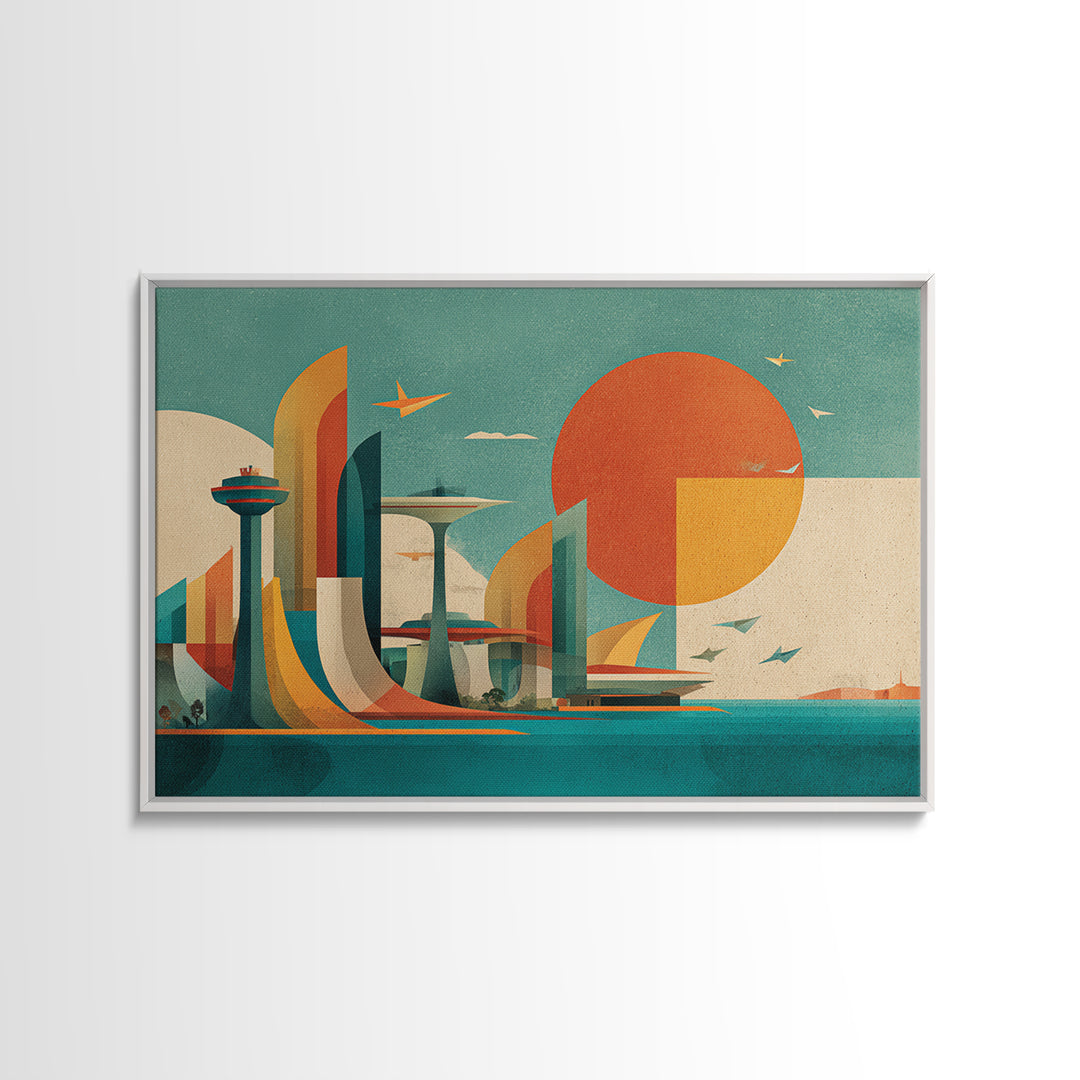 Geometric Futuristic City With Orange Sun Wall Art, Midcentury Modern Art, Atomic Retro Poster, Bauhaus Inspired Home Decor