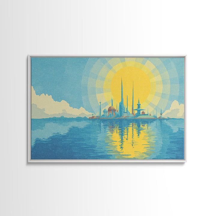 Radiant Sun Over Future Island Skyline Canvas Print, Retro Futuristic Wall Art, Blue Travel Poster, Modern Coastal Decor