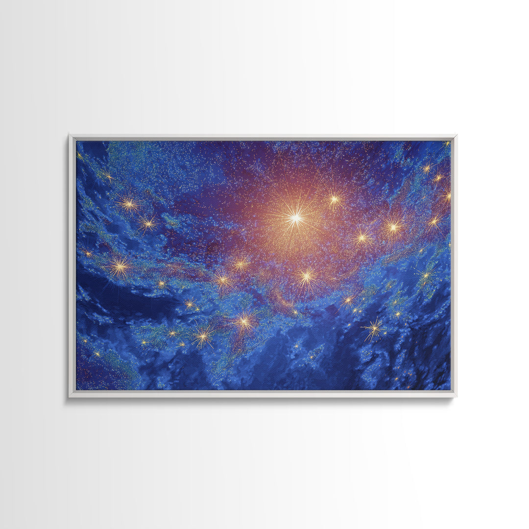Blue Cosmic Starfield Nebula Wall Art, Galaxy Abstract Space Poster, Modern Digital Art, Celestial Home Decor Canvas Print