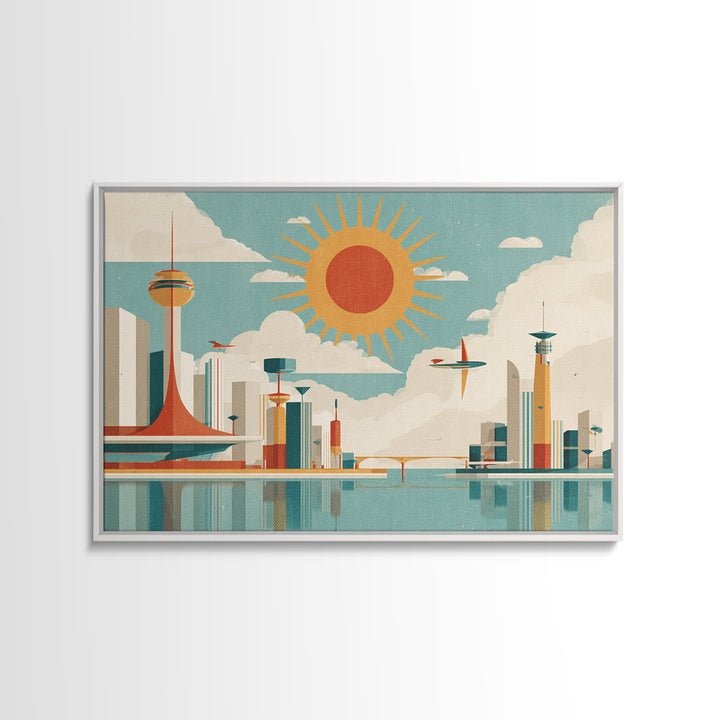 Midcentury Space Age City With Sunburst Wall Art, Atomic Retro Art Print, Geometric Poster, Modern Wall Decor, Mcm Home Decor
