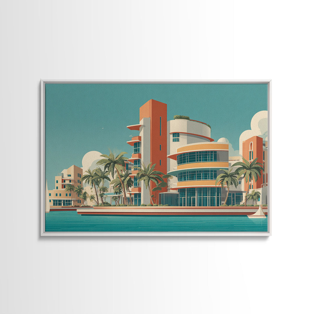Art Deco Waterfront Hotel With Palm Trees Wall Art, Mid Century Modern Poster, Retro Travel Print, Palm Springs Decor, Home Decor