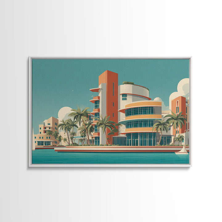 Art Deco Waterfront Hotel With Palm Trees Wall Art, Mid Century Modern Poster, Retro Travel Print, Palm Springs Decor, Home Decor