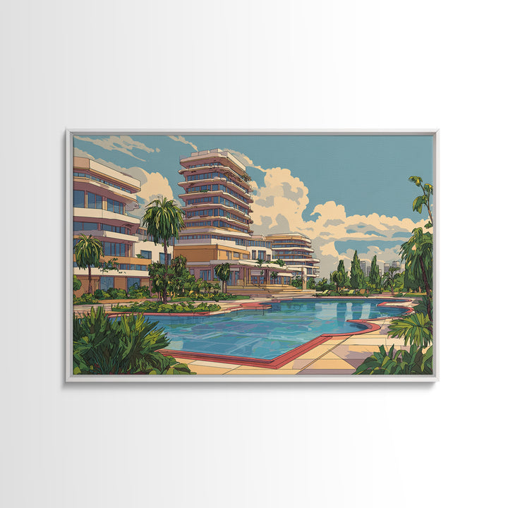 Sunny Resort Pool And Palm Terrace Framed Canvas Print, Mid Century Modern Wall Art, Retro Travel Poster, Office Decor Print