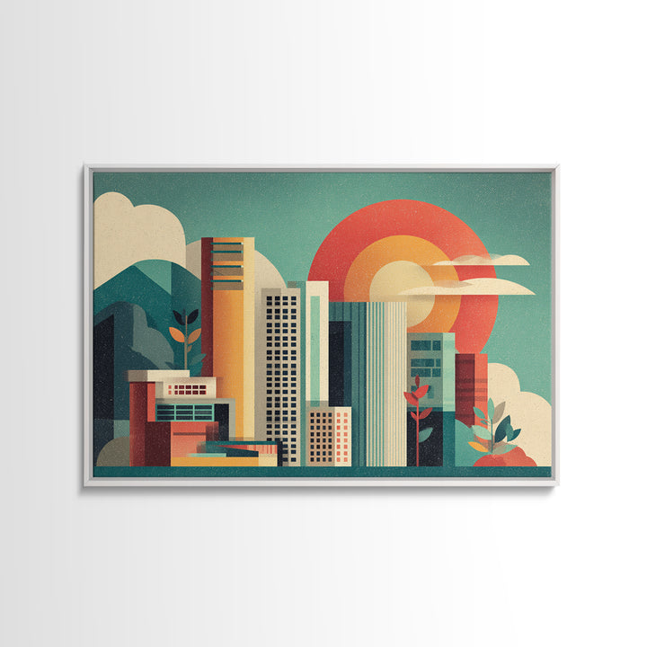 Modern City Skyline With Giant Sun Wall Art, Mid Century Modern Print, Geometric Abstract Poster, Colorful Office Decor Print
