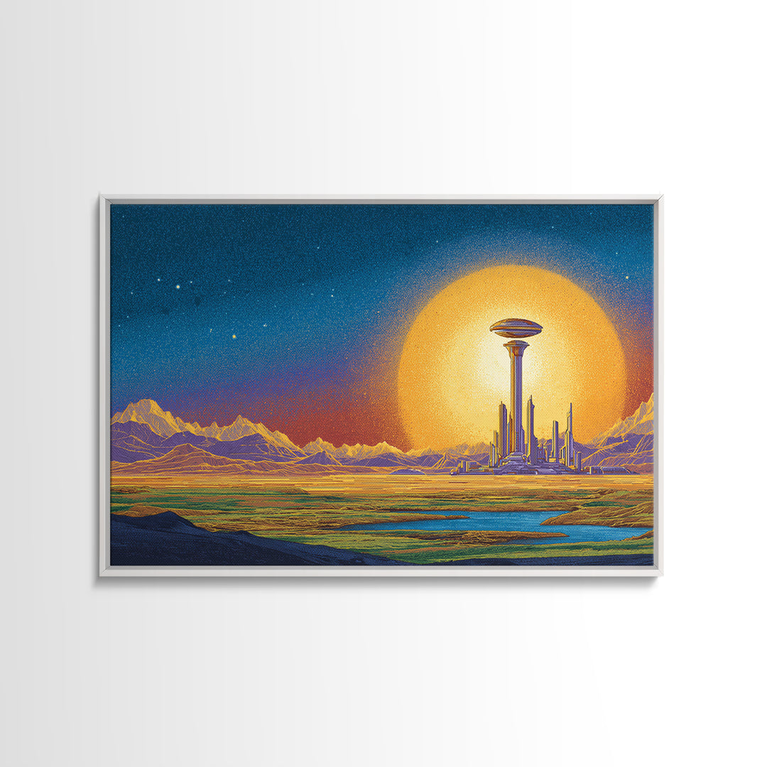 Retro Futuristic Space City With Golden Moon Wall Art, Mid Century Modern Poster, Sci Fi Landscape Print, Man Cave Decor