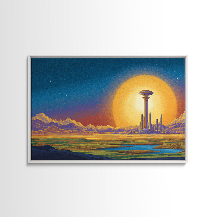 Retro Futuristic Space City With Golden Moon Wall Art, Mid Century Modern Poster, Sci Fi Landscape Print, Man Cave Decor