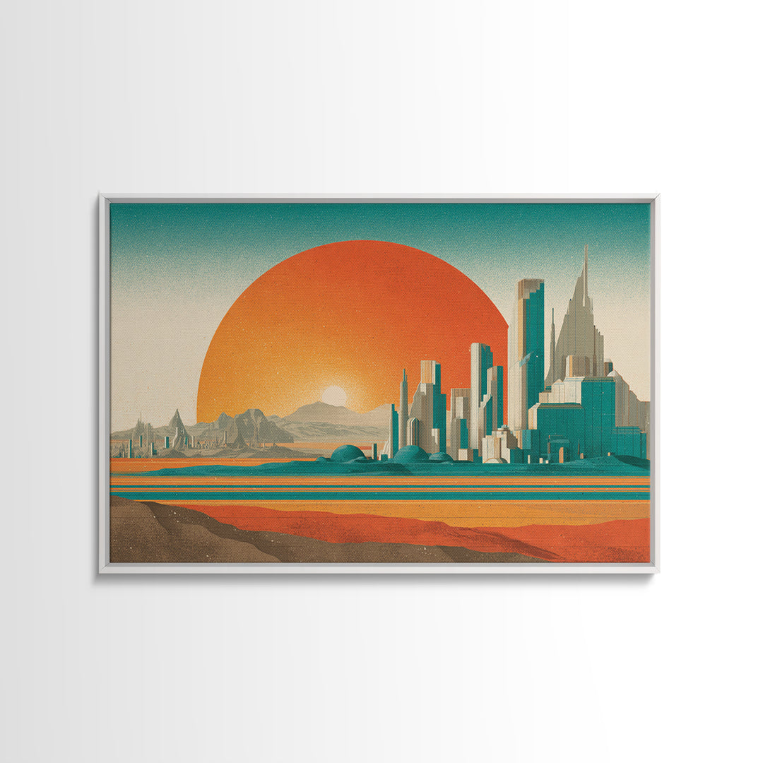 Desert Metropolis With Giant Orange Sun Framed Canvas Print, Mid Century Modern Wall Art, Retro Futuristic Poster, Office Decor