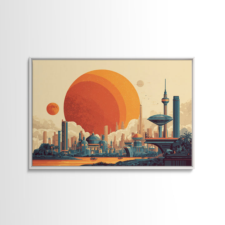 Futuristic Planet Skyline With Domed City Wall Art, Mid Century Modern Poster, Retro Sci Fi Print, Colorful Home Decor Print