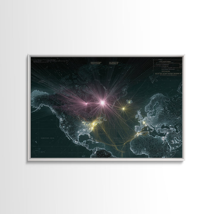 Glowing World Map Network Lights Wall Art, Modern Digital Data Artwork, Global Travel Decor, Sci Fi Space Framed Canvas Print