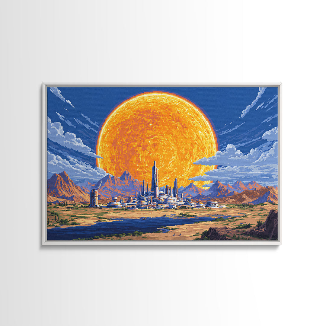 Futuristic Desert City With Giant Orange Sun Wall Art, Retro Sci Fi Poster, Midcentury Modern Art, MCM Space Decor, Living Room Decor