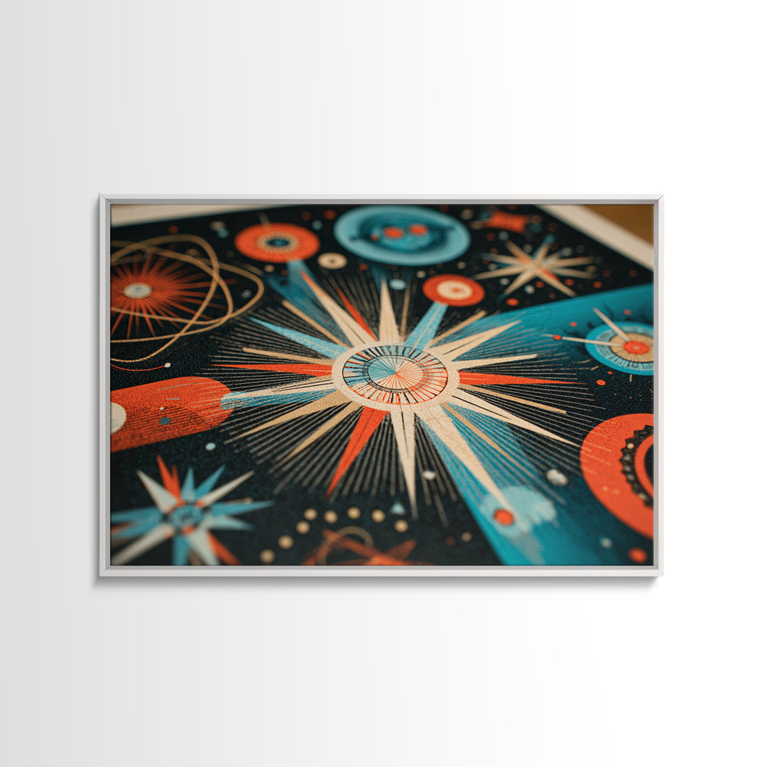 Teal Orange Atomic Starburst Framed Canvas Print, Midcentury Modern Wall Art, Retro Art Print, Space Age MCM Home Decor Poster