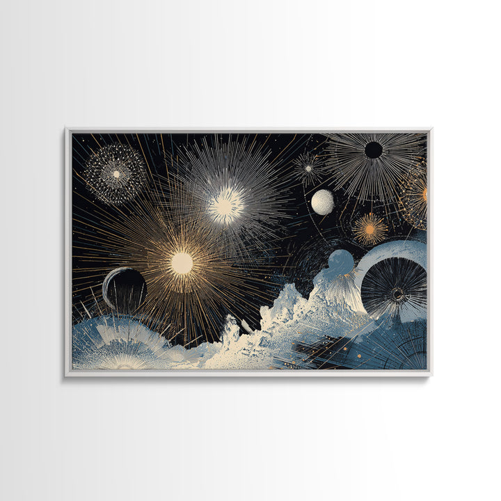 Night Sky Fireworks Over Ocean Waves Canvas Print, Celestial Wall Art, Modern Abstract Art, Blue Gold Living Room Decor Poster
