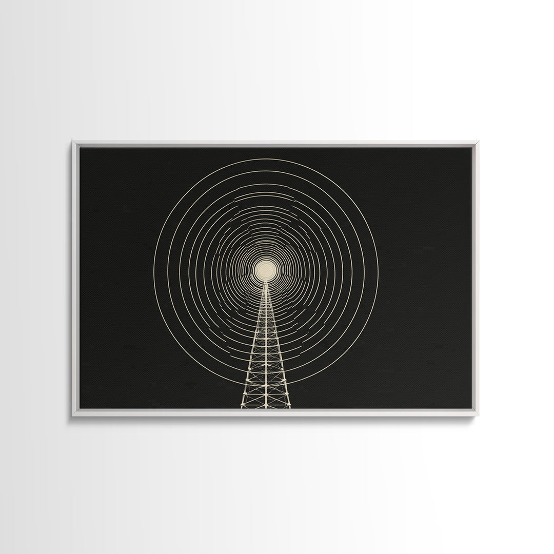 Radio Tower Concentric Signal Wall Art, Black And Cream Midcentury Modern Print, Minimalist Retro Science Office Decor Poster