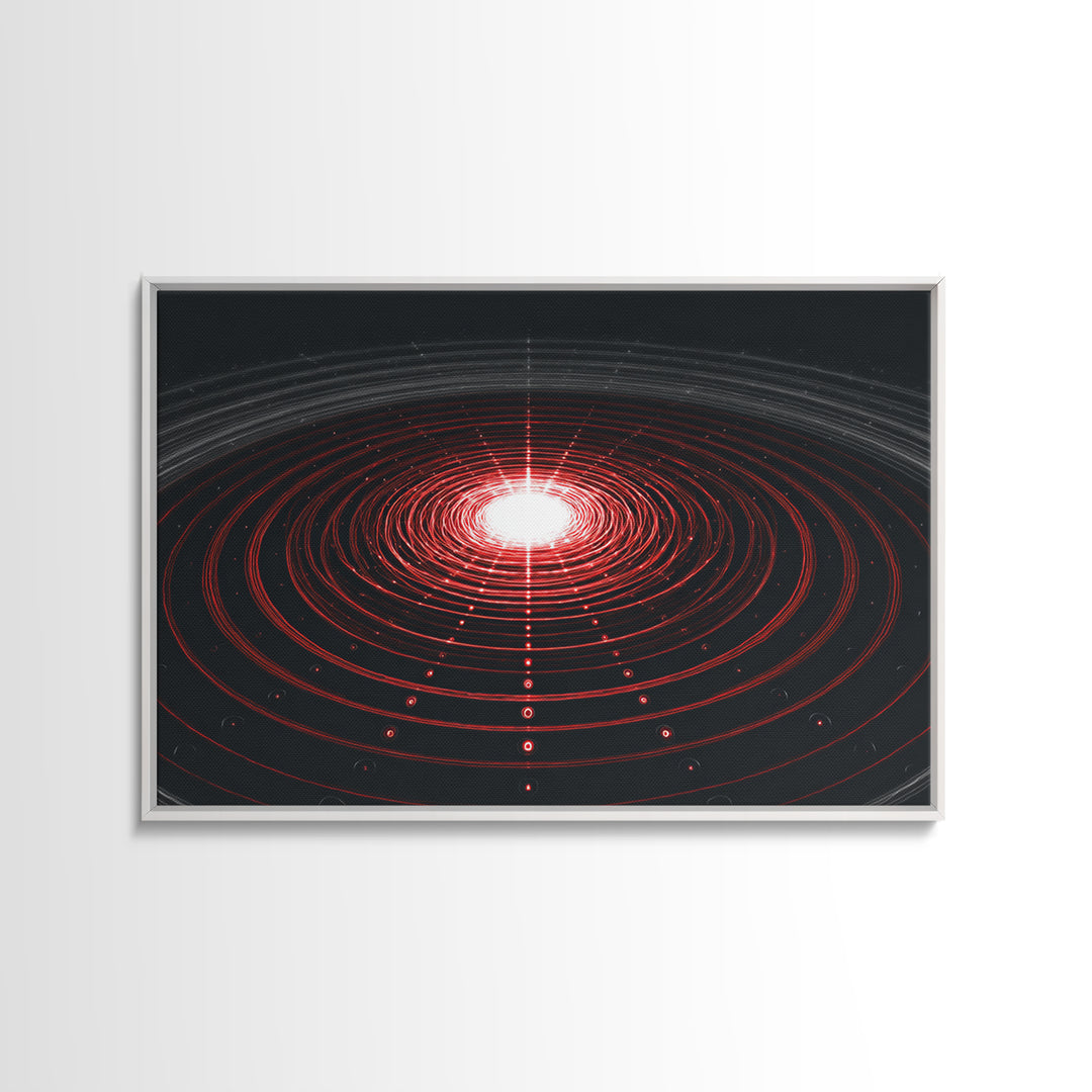 Glowing Red Orbit Disk Wall Art, Sci Fi Abstract Canvas Print, Futuristic Midcentury Modern Poster, Black Office Decor Print