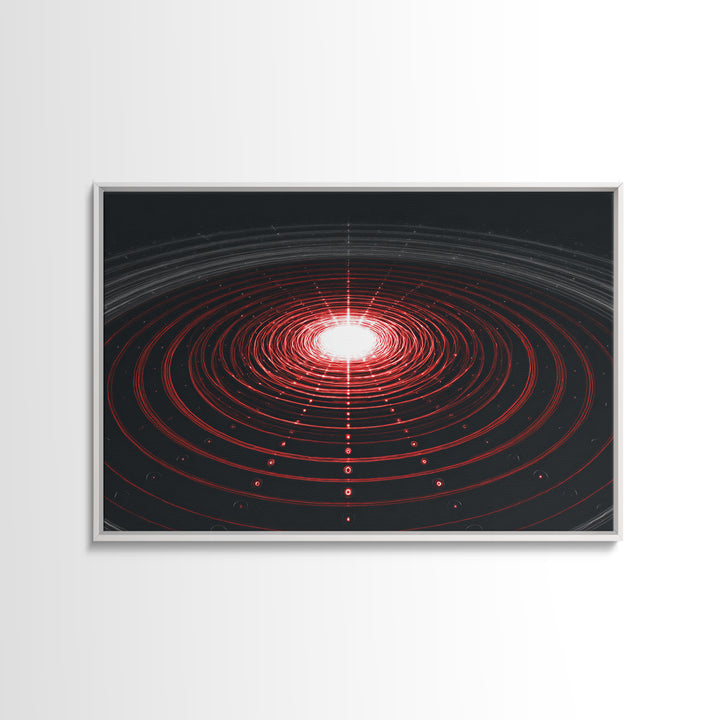 Glowing Red Orbit Disk Wall Art, Sci Fi Abstract Canvas Print, Futuristic Midcentury Modern Poster, Black Office Decor Print