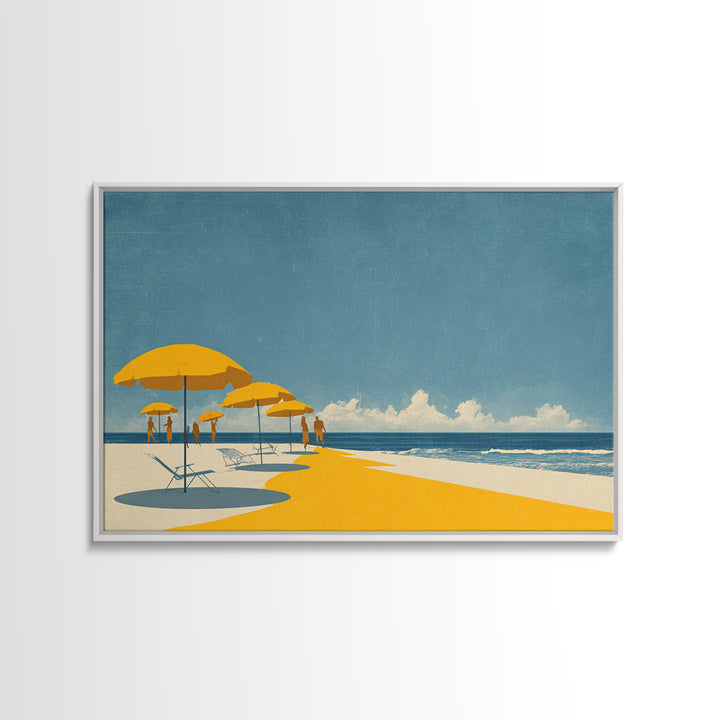 Yellow Beach Umbrellas And Blue Sea Wall Art, Retro Travel Canvas Print, Coastal Summer Poster, Bright Living Room Decor