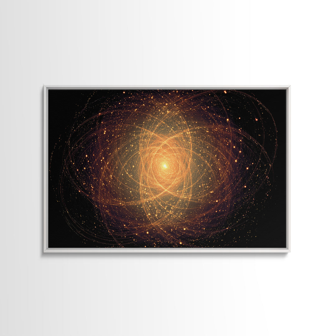 Golden Atomic Particle Orb Wall Art, Modern Abstract Art Print, Space Abstract Art, Midcentury Decor, Framed Canvas Print