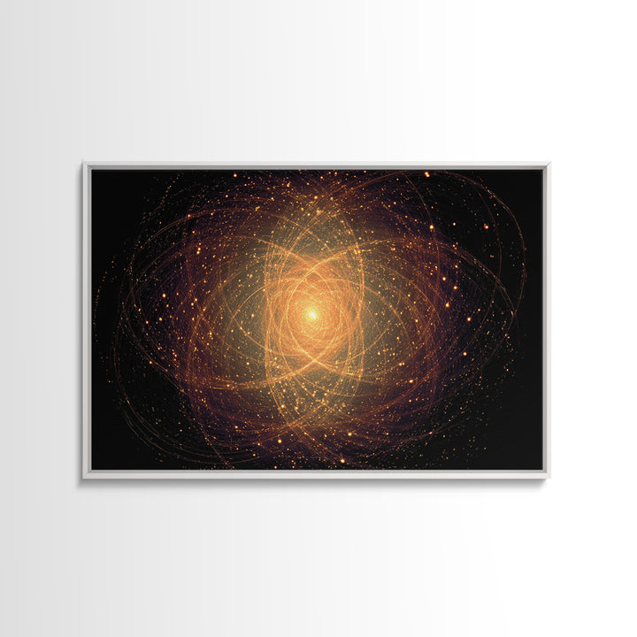 Golden Atomic Particle Orb Wall Art, Modern Abstract Art Print, Space Abstract Art, Midcentury Decor, Framed Canvas Print