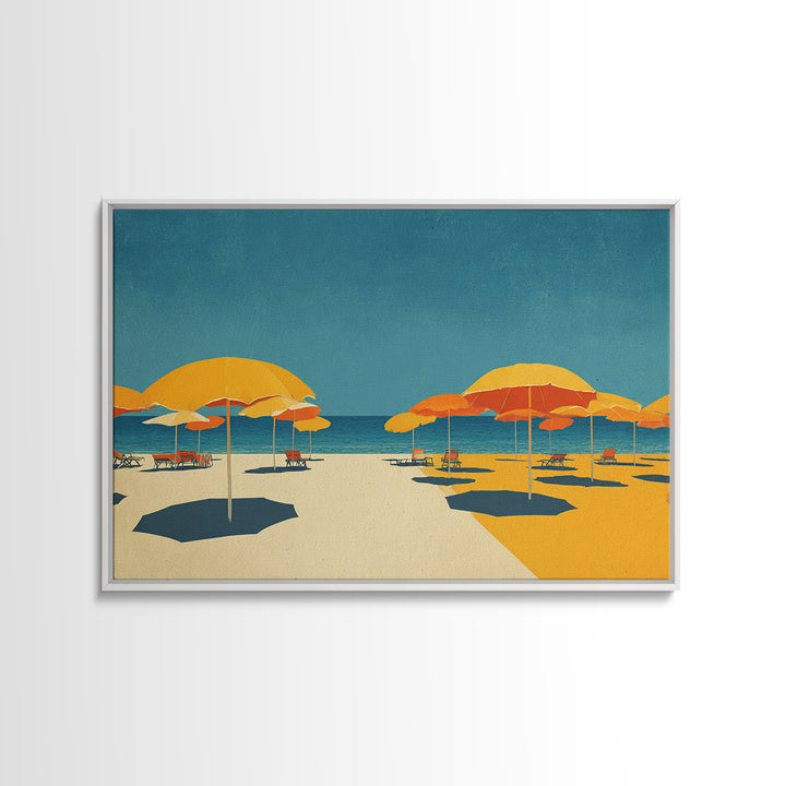Sunny Yellow Beach Umbrellas Wall Art, Retro Coastal Canvas, Midcentury Modern Decor, Ocean Summer Print For Living Room