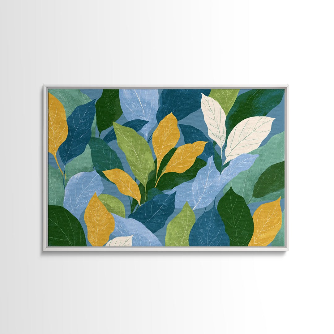 Layered Blue Green And Gold Leaves Wall Art, Botanical Midcentury Modern Art Print, Nature Decor For Bedroom Living Room