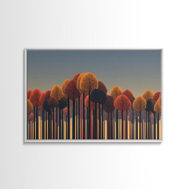 Autumn Orange Red Treeline Wall Art, Bold Midcentury Modern Canvas Print, Retro Forest Decor For Living Room Home Office