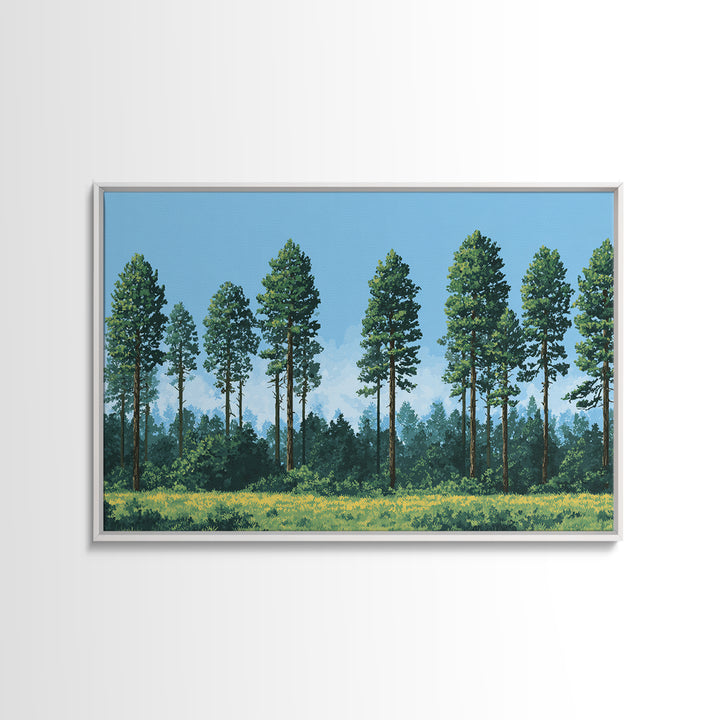 Tall Pine Forest Meadow Wall Art, Nature Landscape Canvas Print, Midcentury Modern Decor For Cabin Living Room Office Art