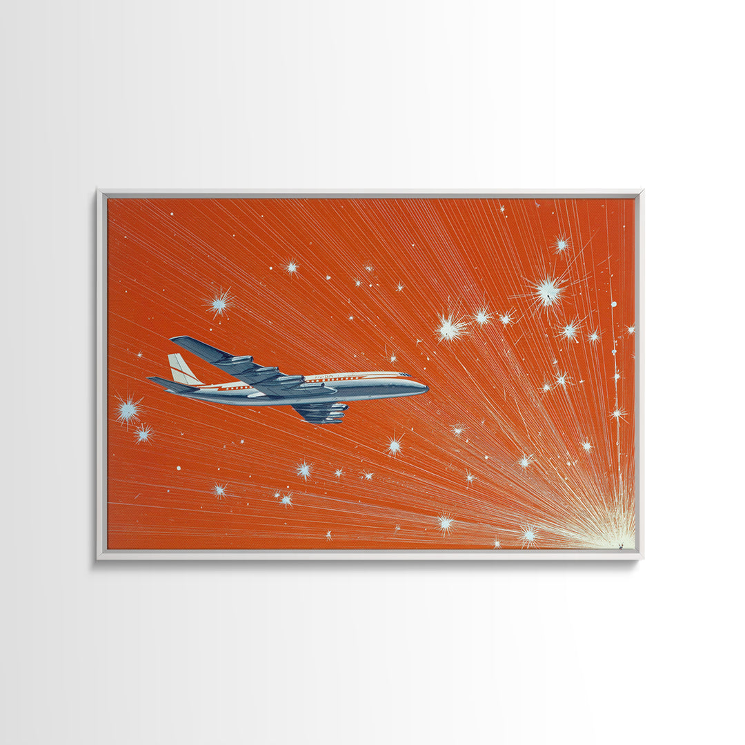 Orange Starburst Jet Canvas Print, Midcentury Modern Wall Art, Retro Aviation Poster, Bold Atomic Travel Decor Gift For Him