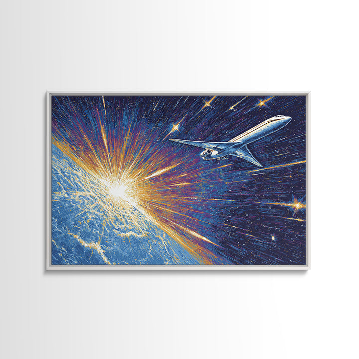 Space Age Jet Over Earth Wall Art, Midcentury Modern Poster, Retro Sci Fi Aviation Print, Blue Atomic Home Decor Gift For Him