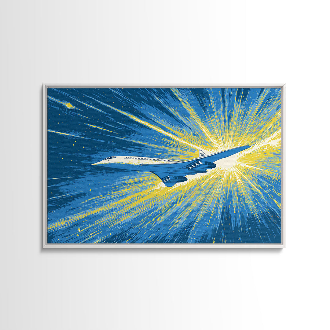 Supersonic Jet Burst Framed Canvas Print, Midcentury Modern Wall Art, Retro Sci Fi Poster, Blue Yellow Aviation Home Decor
