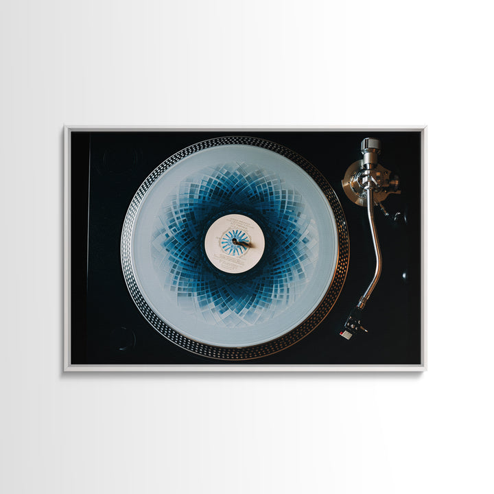 Blue Spirograph Vinyl Record Framed Canvas Print, Modern Music Wall Decor, Turntable Photography, Geometric MCM Art Print