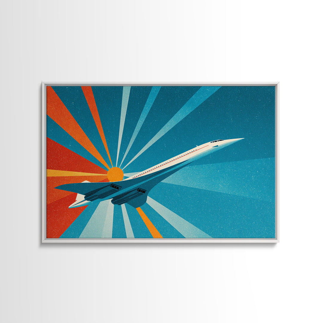 Retro Jet Sunrise Rays Canvas Print, Midcentury Modern Wall Art, Atomic Aviation Poster, Teal Orange Travel Decor Gift For Him
