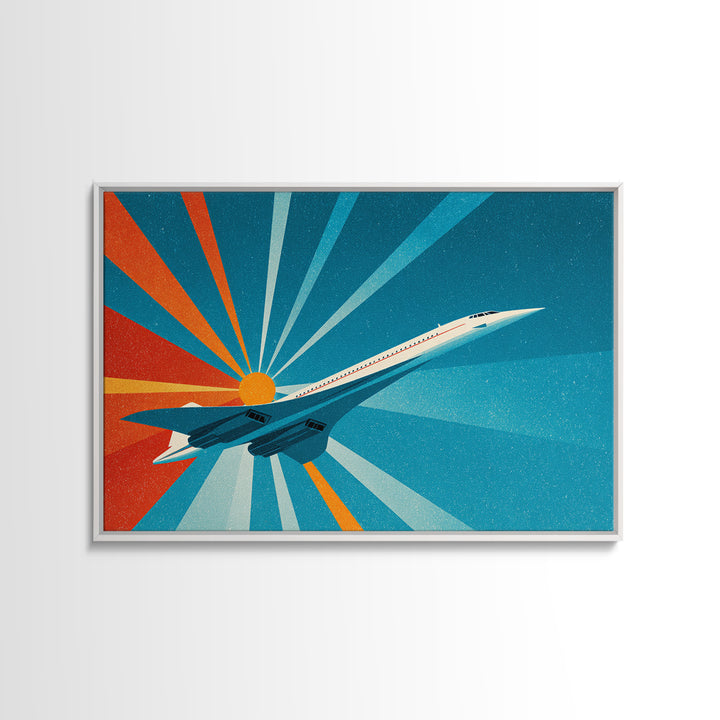 Retro Jet Sunrise Rays Canvas Print, Midcentury Modern Wall Art, Atomic Aviation Poster, Teal Orange Travel Decor Gift For Him