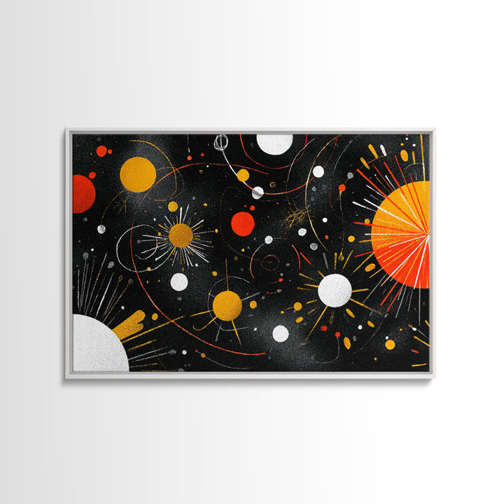 Atomic Black Cosmic Orbits With Red And Gold Suns Wall Art, Mid Century Modern Space Abstract Print, Retro MCM Wall Decor