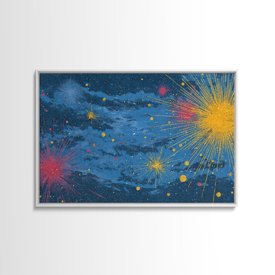 Blue Nebula Sky With Yellow Pink Starbursts Canvas Print, Mid Century Modern Space Abstract Art, Retro Colorful Wall Decor