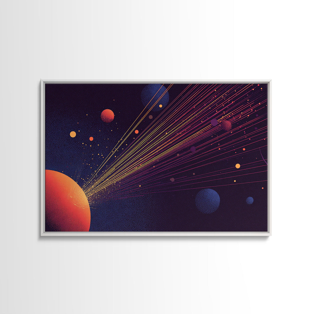 Orange Planet With Laser Orbit Lines Canvas Print, Mid Century Modern Space Poster, Retro Sci Fi Wall Art, MCM Room Decor