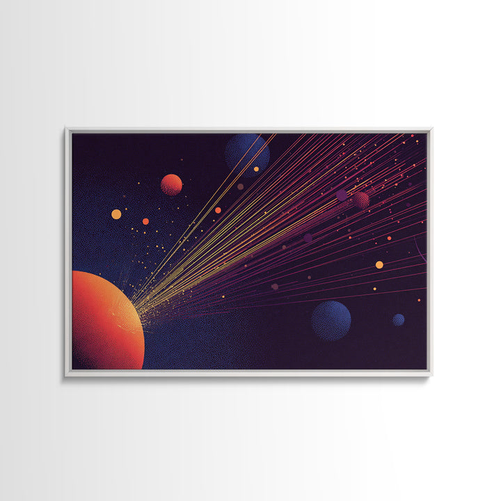 Orange Planet With Laser Orbit Lines Canvas Print, Mid Century Modern Space Poster, Retro Sci Fi Wall Art, MCM Room Decor