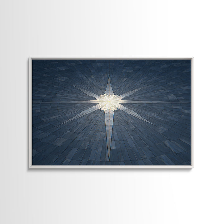 Glowing Star On Blue Geometric Tiles Canvas Print, Modern Wall Art, Abstract Architectural Decor, Minimalist MCM Poster Print