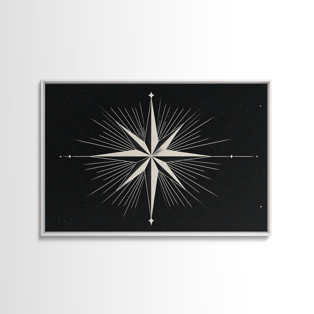 White Compass Star On Black Speckled Sky Wall Art, Mid Century Modern Abstract Print, Minimalist Retro Geometric Wall Decor