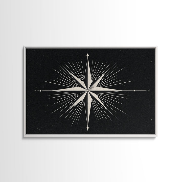 White Compass Star On Black Speckled Sky Wall Art, Mid Century Modern Abstract Print, Minimalist Retro Geometric Wall Decor