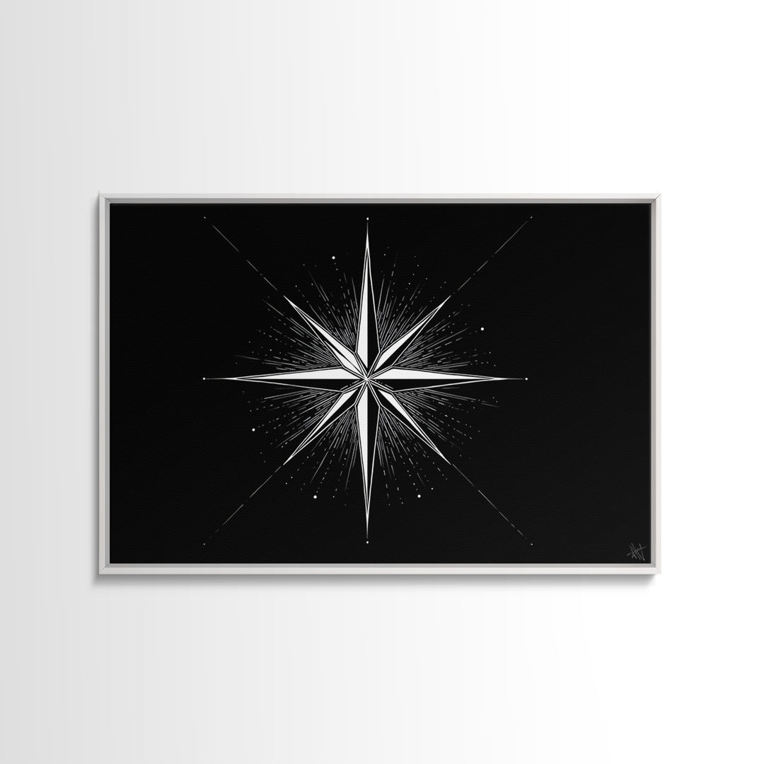 Sharp White Starburst On Deep Black Canvas Print, Minimalist Geometric Wall Art, Modern Abstract Poster, Retro MCM Decor