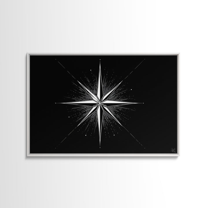 Sharp White Starburst On Deep Black Canvas Print, Minimalist Geometric Wall Art, Modern Abstract Poster, Retro MCM Decor