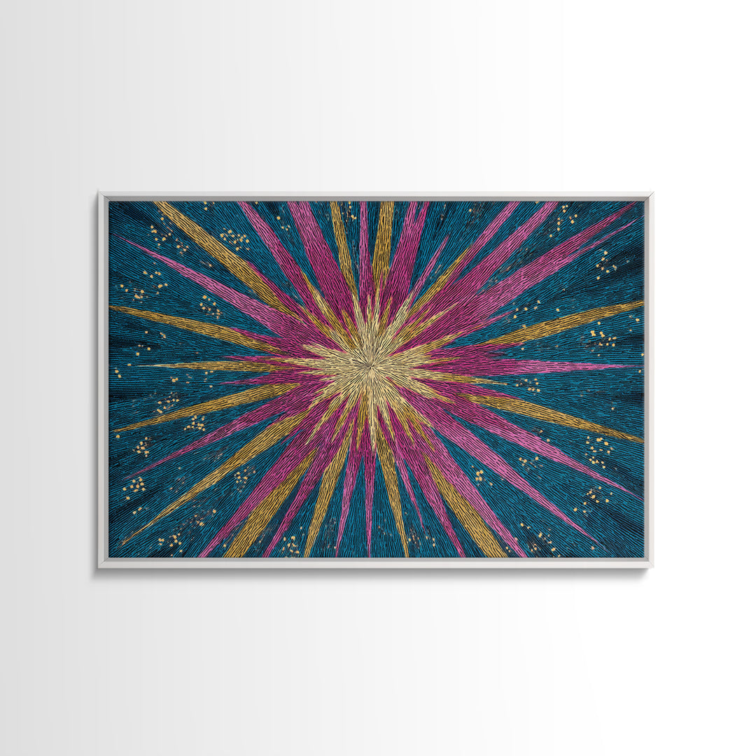 Teal Pink Gold Radiating Star Lines Framed Canvas Print, Modern Abstract Wall Art, Colorful Mid Century Modern MCM Decor Poster