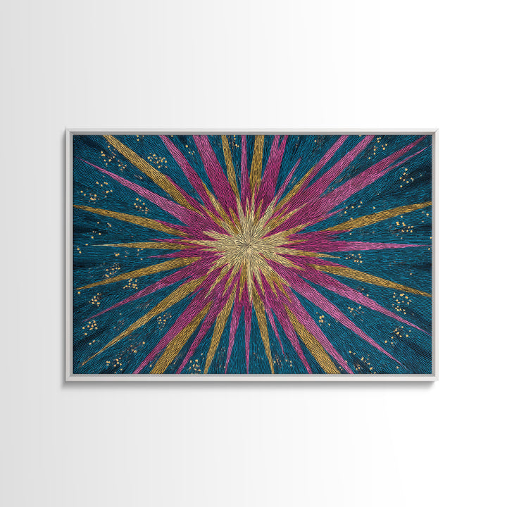 Teal Pink Gold Radiating Star Lines Framed Canvas Print, Modern Abstract Wall Art, Colorful Mid Century Modern MCM Decor Poster