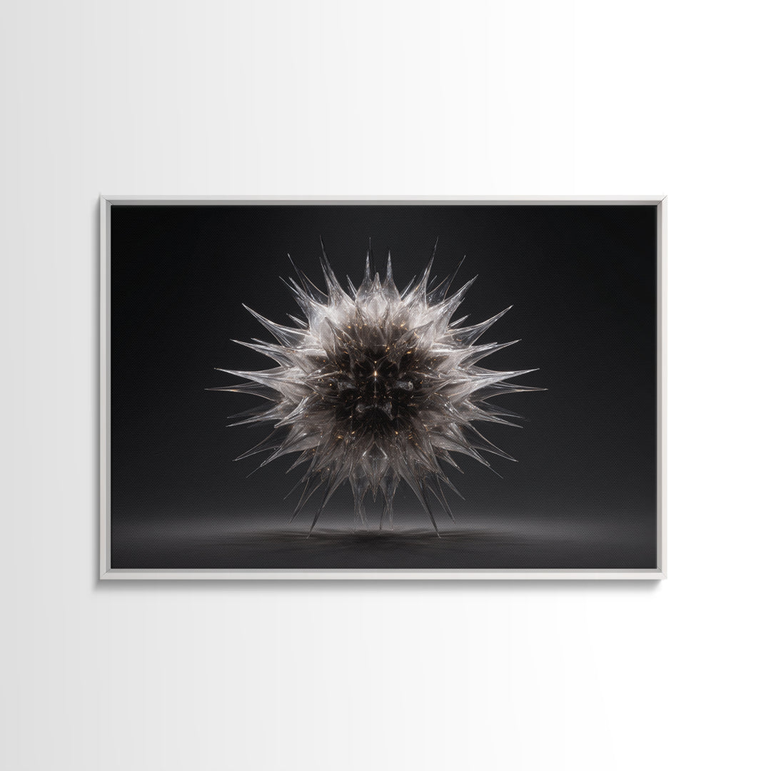 Silver Thorn Sphere Framed Canvas Print, Modern Abstract Art, Black Wall Decor, Sci Fi Sculpture Poster, Masculine Home Office Art