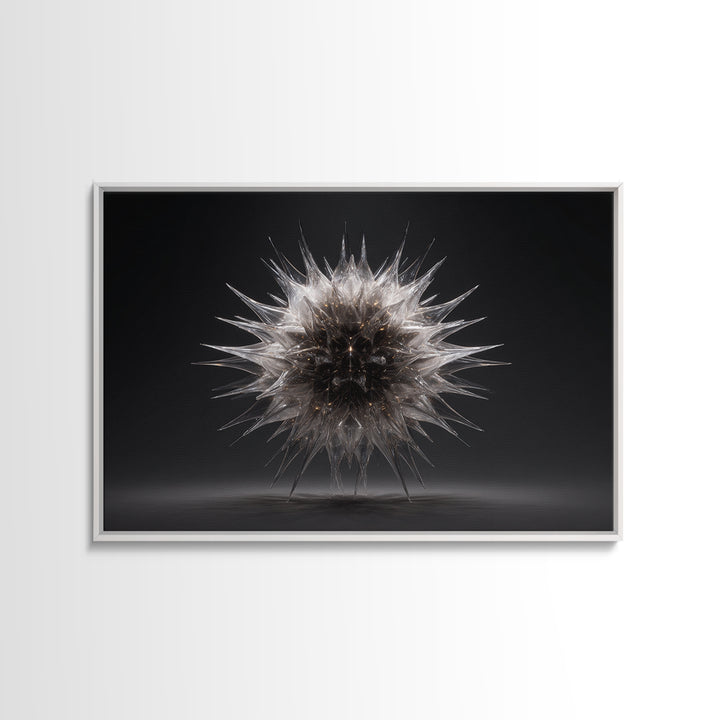Silver Thorn Sphere Framed Canvas Print, Modern Abstract Art, Black Wall Decor, Sci Fi Sculpture Poster, Masculine Home Office Art