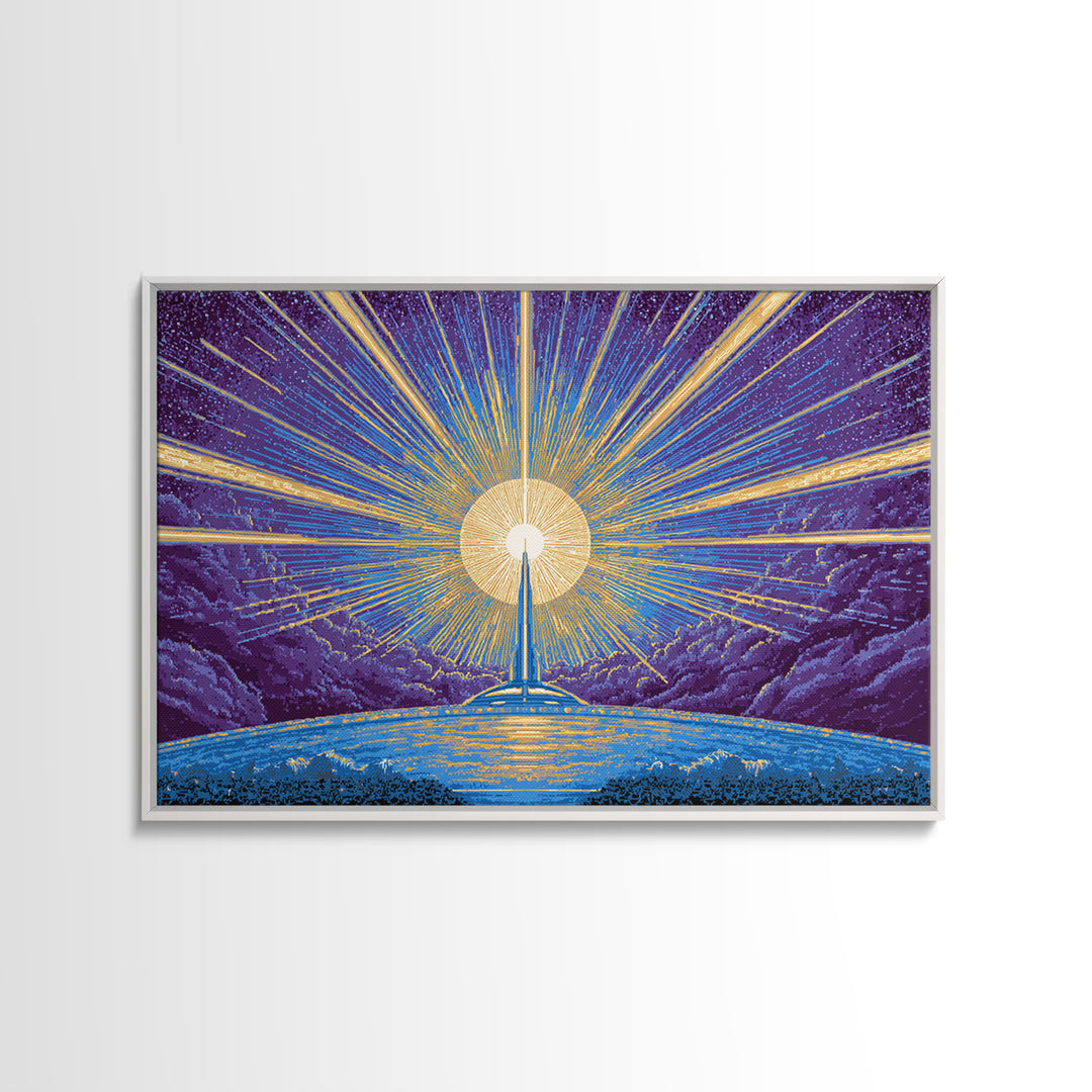 Radiant Rocket Sunrise Wall Art, Retro Sci Fi Poster, Mid Century Modern Art Print, Blue Yellow Space Decor, Space Abstract Art
